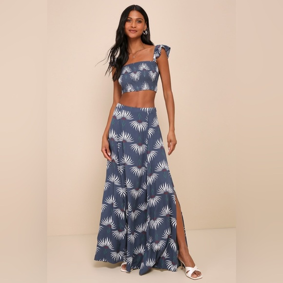 🔆 Lulus Trancoso Dusty Blue Floral Print Two-Piece Maxi Dress, Small / XS - Picture 1 of 4